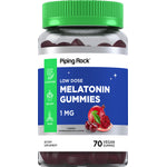 Low Dose Melatonin Gummies, 1 MG, 70 vegan gummies in cherry pomegranate flavor. Gluten-free, non-GMO, and vegan.
