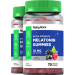 Extra Strength Melatonin Gummies, 10 mg, Mixed Berry Flavor, two 70-count bottles, Gluten Free, Non GMO, and Vegan.