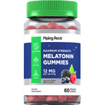 Maximum Strength Melatonin 12 mg Gummies, delicious mixed berry flavor, with 60 vegan gummies as a dietary supplement.