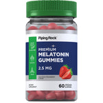 Strawberry-flavored vegan gummies with 2.5 mg of melatonin, available in a bottle containing 60 pieces.