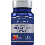 Enhanced Fast Dissolve Melatonin 12 MG in natural berry flavor with 180 tablets, a dietary supplement.