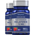 Two bottles of Melatonin Fast Dissolve tablets, 12 mg, 180 count, with natural berry flavor.