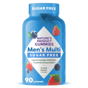 Sugar Free Men's Multi Gummies in mixed berry flavors support energy metabolism, muscle, and immune health, 90 gummies.