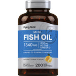 Fish Oil 200 Mini Softgels with 1340 mg, 830 mg Omega-3, purified to eliminate mercury, and natural lemon flavor.