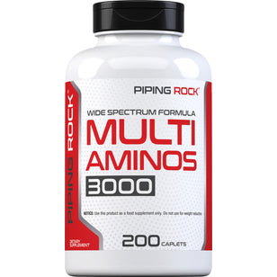 A bottle of Multi Aminos 3000 with 200 caplets, providing essential amino acids for nutritional support.