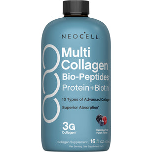 NEOCELL Multi Collagen Bio-Peptides Protein plus Biotin Liquid, 16 fl. oz. (473 mL), Delicious Fruit Punch Flavor.