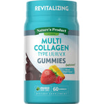 Gummies featuring Multi-Collagen Types I, II, III, V, X in mixed fruit flavor, 60 count.