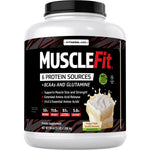 FL MuscleFit Protein tub in Fudgy Triple Vanilla Brownie flavor, 80 oz (5 LB).