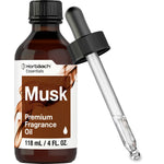 Horbäach Essentials Musk Premium Fragrance Oil 118 mL bottle with a glass dropper, 4 FL OZ capacity.