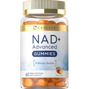 NAD+ Advanced Gummies, 60 count, vegan, peach flavored, dietary supplement.