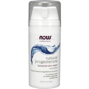 Now Progesterone Unscented Liposomal Skin Cream, 20 mg per pump, 3 oz (85 g) in a white pump bottle.