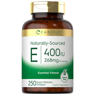 Carlyle Naturally-Sourced Vitamin E 400 IU with 250 Quick Release Softgels, gluten free, 268mg per serving.