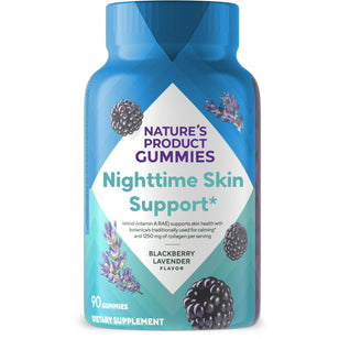 Blackberry lavender flavored nighttime skin support gummies, 90 count, displayed.
