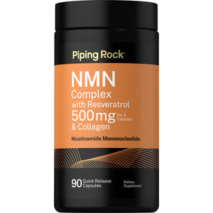 NMN Complex with Resveratrol and Collagen, offering 500mg per 3 quick release capsules, includes a total of 90 capsules.