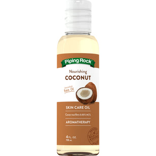 Nourishing Coconut Unscented Base Oil for skin care and aromatherapy, made with Cocos nucifera and 80% MCTs, 4 fl. oz. bottle.