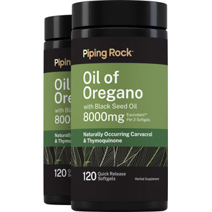 Oil of Oregano with Black Seed Oil, 8000mg Equivalent per 2 Softgels. Two 120 Quick Release Softgels bottles. Herbal Supplement.