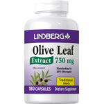 LINDBERG Olive Leaf Extract 750 mg, 180 capsules in a bottle, showing details of supplement type and quantity.