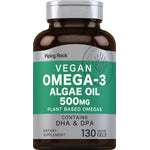 Vegan Omega-3 Algae Oil 500mg, plant-based, includes DHA & DPA, 130 veggie gels, dietary supplement.