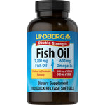 Double Strength Fish Oil supplement containing 1,200 mg with 600 mg Omega-3s, 180 quick release softgels.