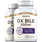 Two bottles of Ox Bile 500 mg, 120 quick release capsules, non-GMO and gluten free.