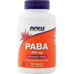 NOW PABA 500 mg Para-Aminobenzoic Acid capsules, part of the B-Complex family, Non-GMO, 100 count.