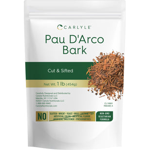 Carlyle Pau D'Arco Bark in a 1 lb (454g) pouch. Gluten-free, wheat-free, yeast-free, milk-free, non-GMO, vegetarian.