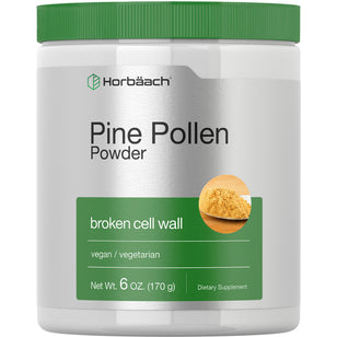 Pine Pollen Powder 6 OZ (170 g) dietary supplement jar, featuring broken cell wall, vegan and vegetarian friendly.