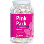 Pink Pack Multi-Vitamin & Mineral Packets for women; 90 packets with 720 capsules total (8 per packet) in a clear jar.