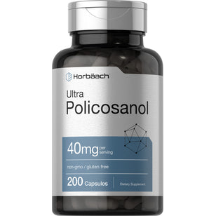 Horbäach Ultra Policosanol 40mg, non-gmo and gluten free. Contains 200 capsules.
