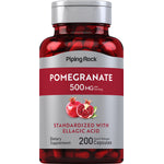 Pomegranate 500 mg supplement with Ellagic Acid, 200 quick-release capsules, standardized for dietary support.
