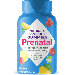Nature's Product Prenatal Gummies, 36 count, Raspberry Lemonade flavor, with Folate and DHA. Dietary supplement.