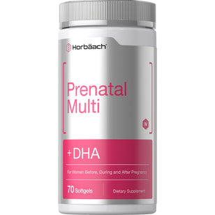 Horbäach Prenatal Multi + DHA 70 Softgels: Dietary supplement for women for use before, during, and after pregnancy.