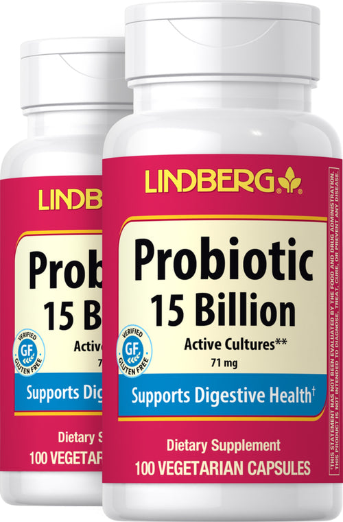 Probiotic 14 Strains 15 Billion Active Cells plus Prebiotic, 100 Vegetarian Capsules, 2  Bottles