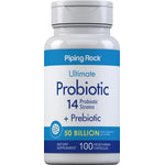 Ultimate Probiotic with 14 strains, prebiotic, 50 billion active organisms, in 100 vegetarian capsules.