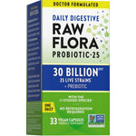 Raw Flora Daily Digestive Probiotic features 30 billion CFU and 25 live strains in 33 vegan capsules, no refrigeration needed.