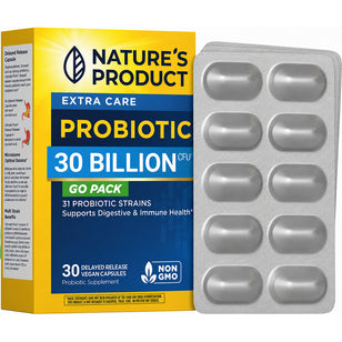 Nature's Product Extra Care Probiotic with 30 Billion CFU. Includes 30 delayed release vegan capsules, non-GMO.