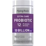 Extra Care Probiotic with 12 strains, 50 Billion CFU, 90 delayed release vegan capsules; probiotic supplement bottle.