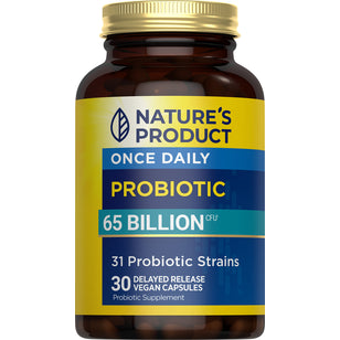 Nature's Product Once Daily Probiotic with 65 Billion CFU, 31 strains, and 30 delayed release vegan capsules.