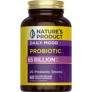 Daily Mood Probiotic with 65 Billion CFU, featuring 20 probiotic strains and 60 delayed release vegan capsules.