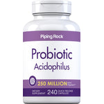Probiotic Acidophilus with 250 million active organisms in a bottle of 240 quick release capsules.