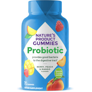 Probiotic Gummies, 70 gummies, provides good bacteria to the digestive tract, Berry, Peach & Mango Flavors, 5 Billion CFUs per serving.