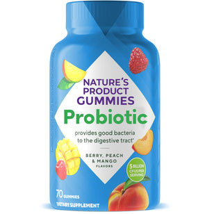Nature's Product Gummies Probiotic, 70 Gummies with 5 Billion CFUs per serving, in Berry, Peach & Mango flavors.