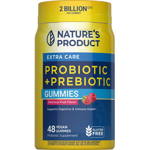 Extra Care Probiotic + Prebiotic Gummies offer 2 Billion CFU per serving, with a delicious fruit flavor. Vegan and gluten free, 48 gummies.