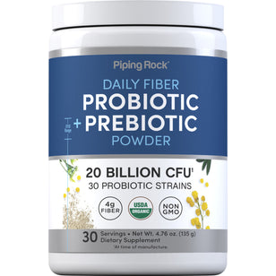 Daily Fiber Probiotic and Prebiotic Powder with 20 Billion CFU, 30 probiotic strains, 4g fiber, USDA Organic, Non-GMO, 4.76 oz.