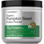 Horbäach Organic Pumpkin Seed Protein Powder, 15g protein, non-GMO, gluten-free, unflavored, USDA Organic, 16 oz jar.