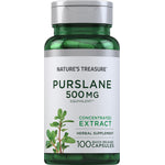 Bottle of Purslane 500 mg, containing 100 quick release capsules, displayed on a plain background.