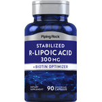 Stabilized R-Lipoic Acid 300 mg with Biotin Optimizer dietary supplement in 90 quick-release capsules.
