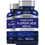 Two bottles of Stabilized R-Lipoic Acid 300 mg with Biotin, containing 90 quick release capsules.