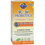 Garden of Life RAW PROBIOTICS Ultimate Care features 100 Billion CFU and 34 strains in 30 vegetarian capsules.