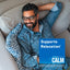 Middle-aged man with glasses and a beard relaxing on a couch beside a Calm product graphic.